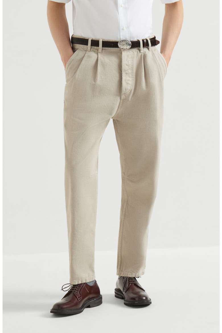 Garment-dyed denim iconic fit five-pocket trousers with double pleats, Main, color, White