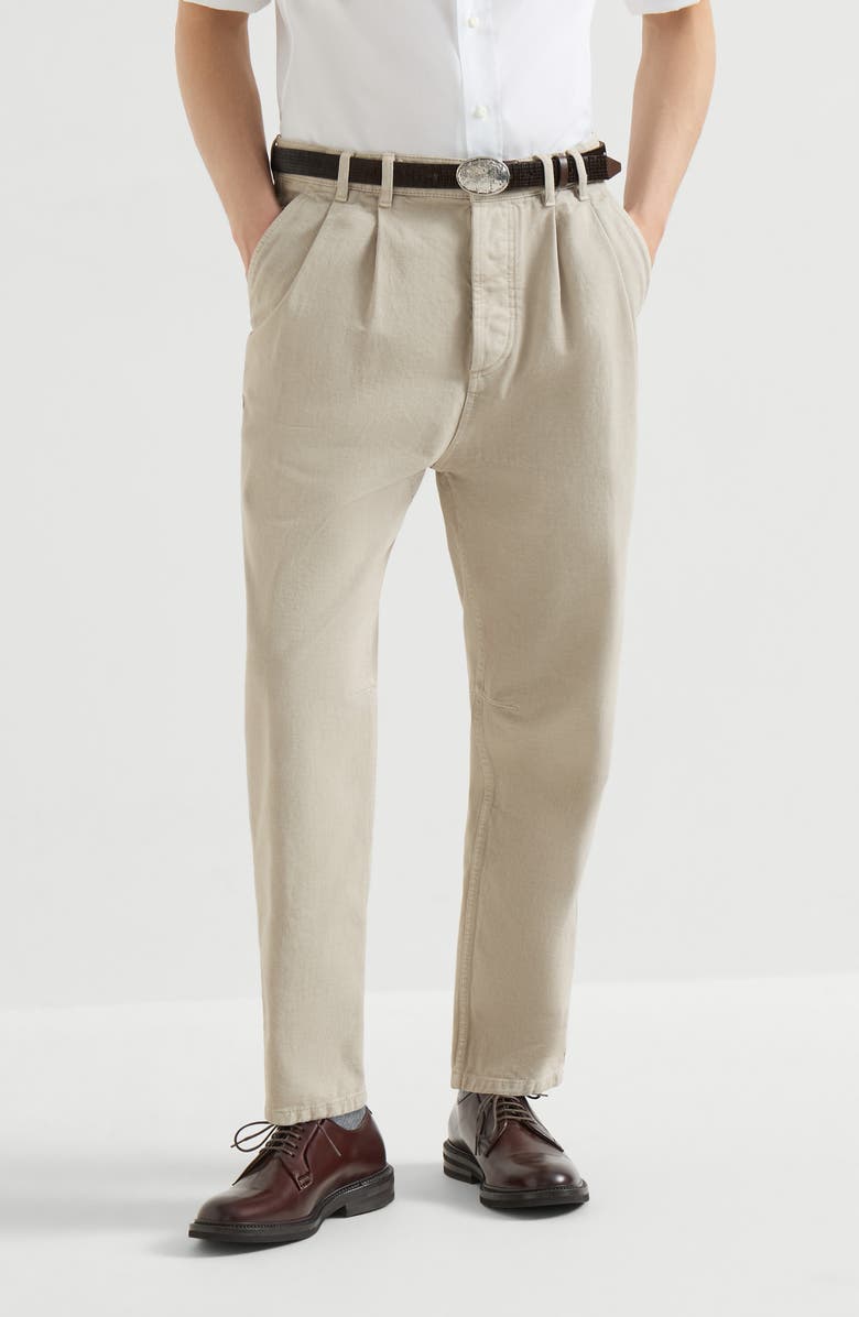 Brunello Cucinelli Garment-dyed denim iconic fit five-pocket trousers with double pleats, Main, color, White