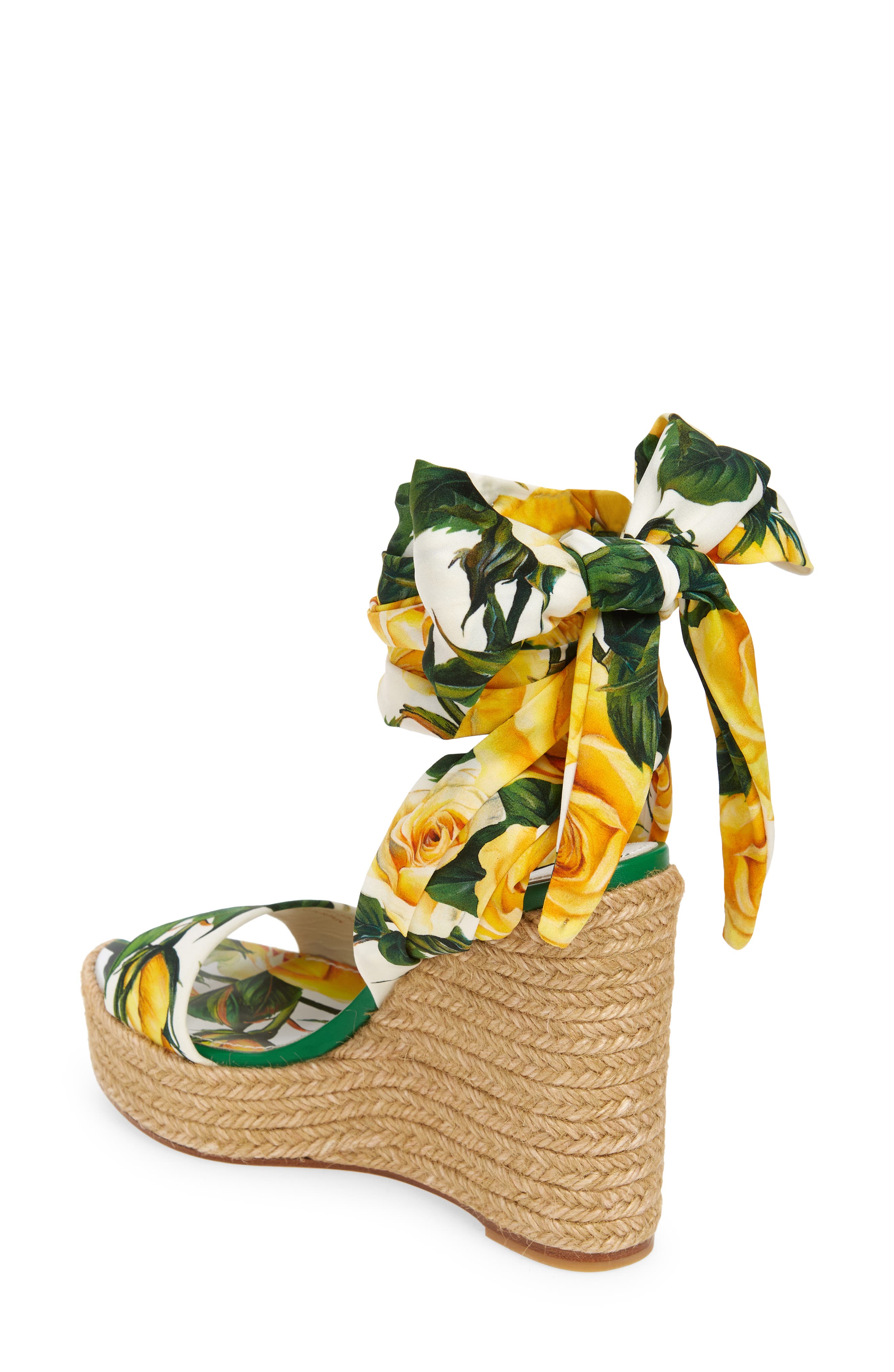 Dolce&Gabbana Floral Print Ankle Tie Wedge Sandal, Alternate, color, Yellow Multi