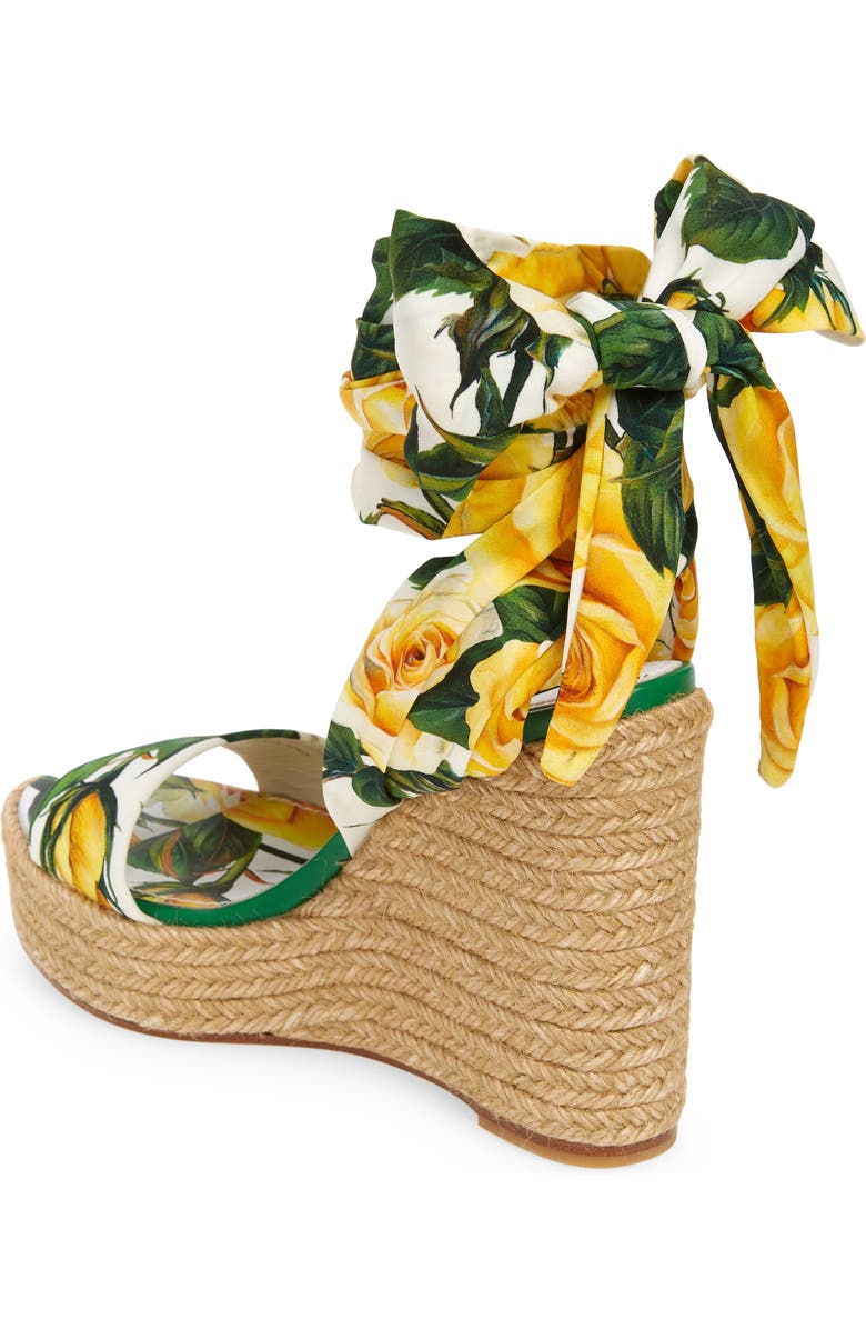 Dolce&Gabbana Floral Print Ankle Tie Wedge Sandal, Alternate, color, Yellow Multi