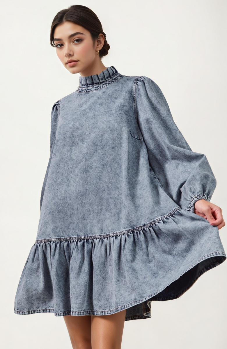 Knit and Lounge Pleated Mock Neck Long Sleeve Ruffle Hem Denim Dress, Alternate, color, Blue
