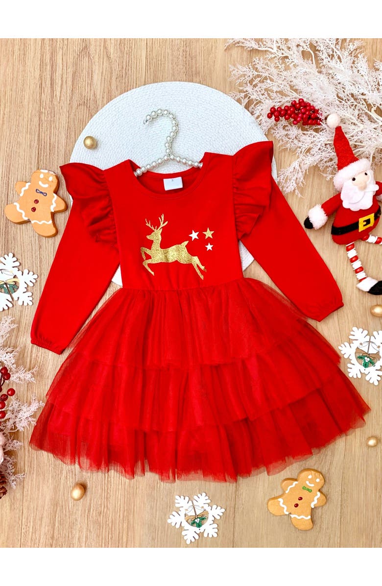 Mia Belle Girls Golden Reindeer Ruffled Tutu Dress, Alternate, color, Red
