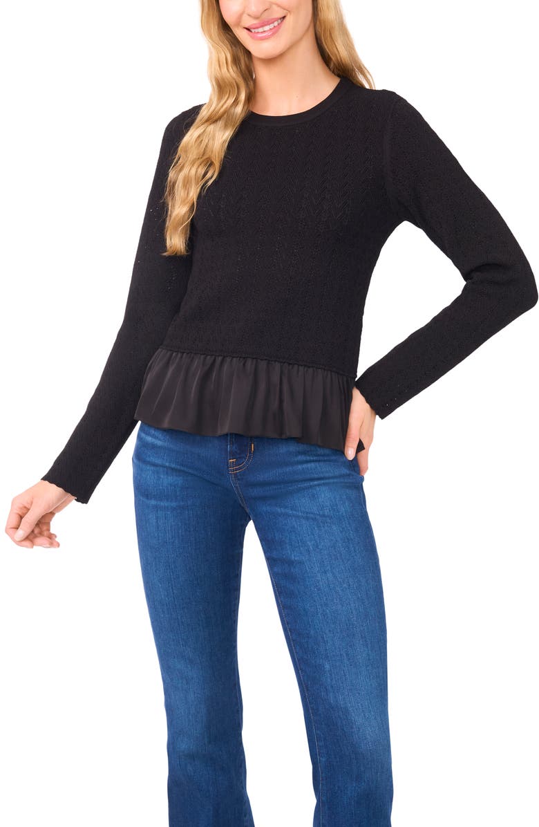 Ted Baker Irene Pointelle Crewneck Peplum Sweater, Main, color, Rich Black