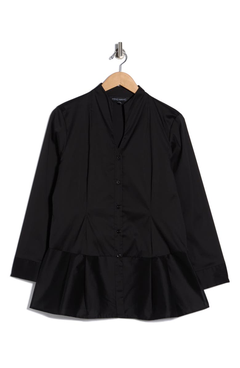 Ming Wang Cotton Blend Peplum Button-Up Shirt, Alternate, color, Black