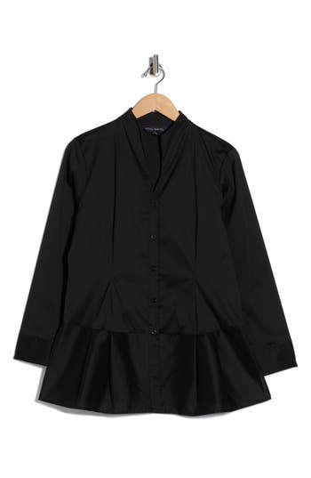 Ming Wang Cotton Blend Peplum Button-up Shirt In Multi