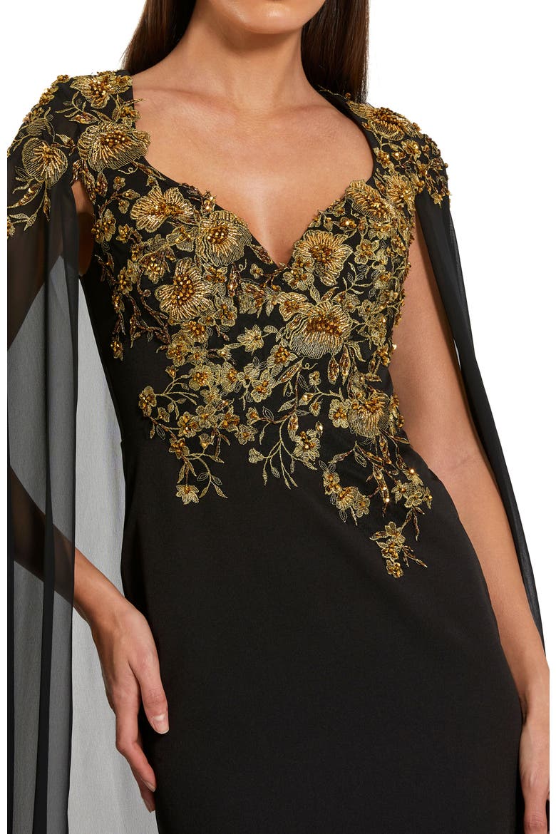 Embellished Crepe Gown With Chiffon Cape Sleeves, Alternate, color, Black Gold