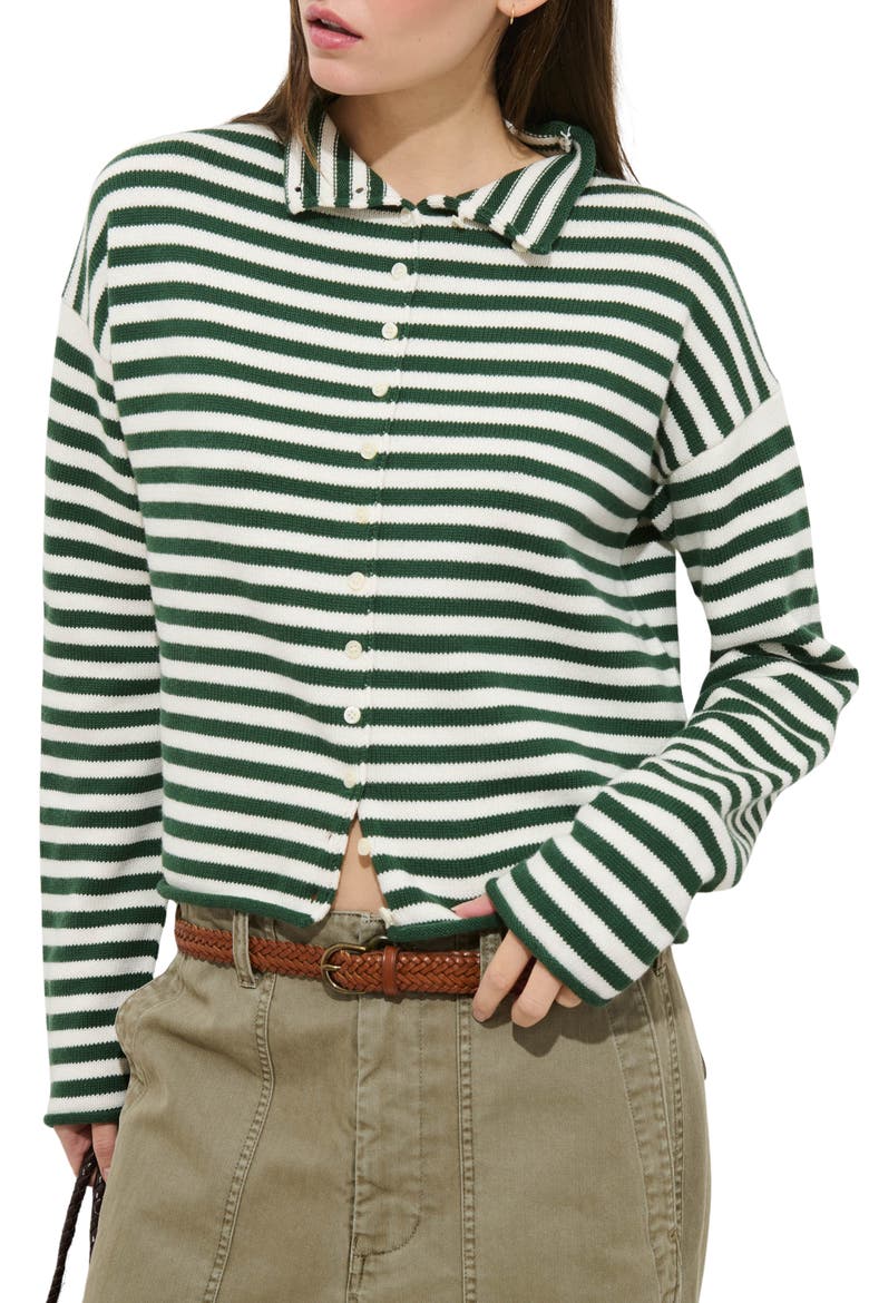 Taylor Stripe Cotton & Cashmere Cardigan, Main, color, FOREST/IVORY