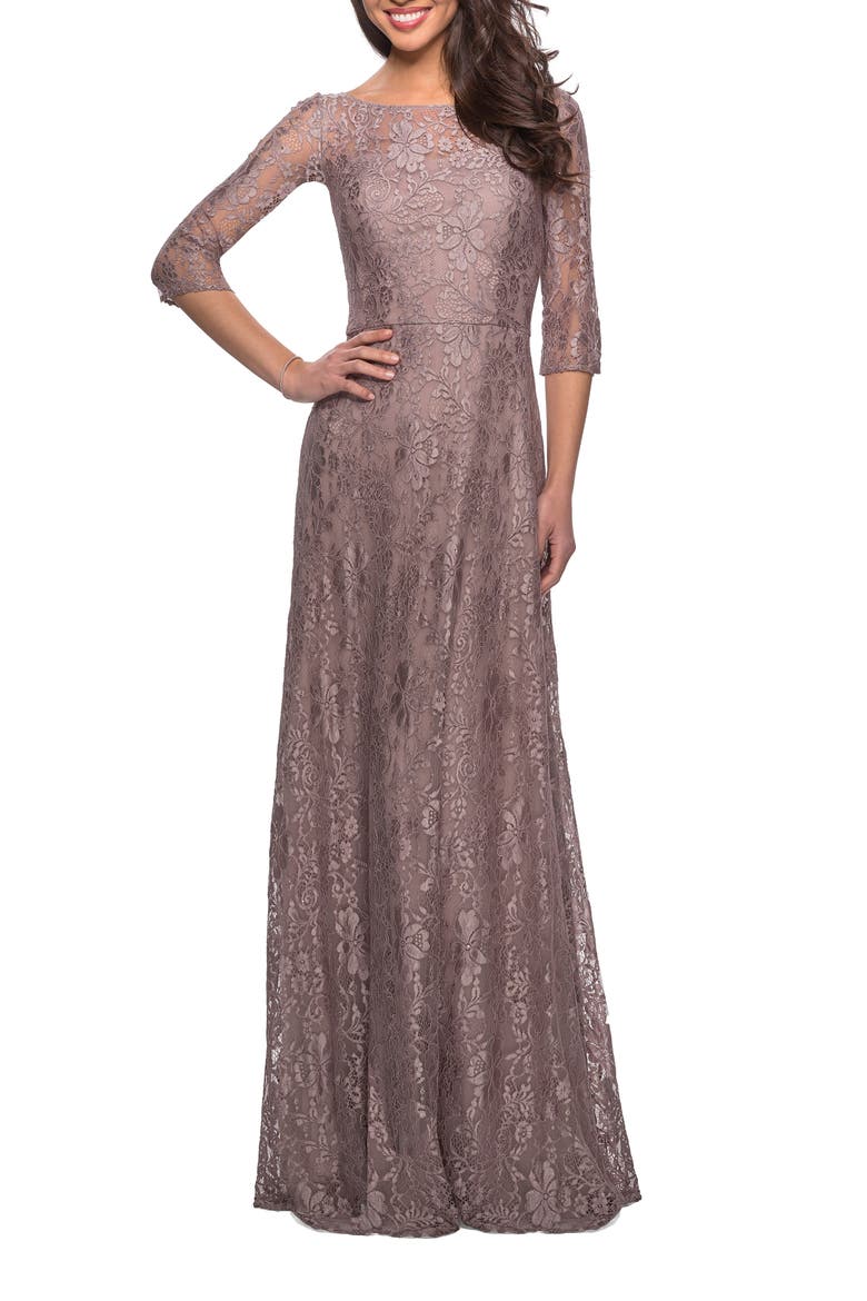 Long Lace Dress with Empire Waist and 3/4 Sleeves, Main, color, Cocoa
