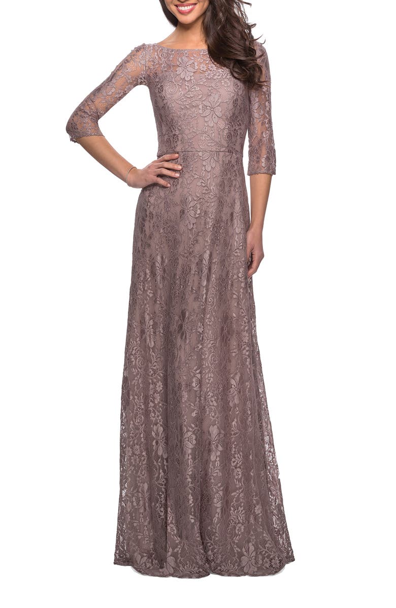 La Femme Long Lace Dress with Empire Waist and 3/4 Sleeves, Main, color, Cocoa
