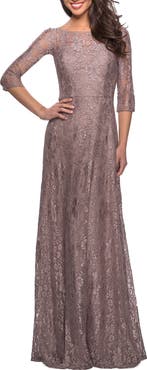 La Femme Long Lace Dress with Empire Waist and 3/4 Sleeves