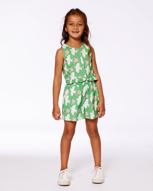 DEUX PAR DEUX DEUX PAR DEUX LITTLE GIRL'S PRINTED ROMPER WITH FRILLS GREEN WITH WHITE AND PINK BIRD 