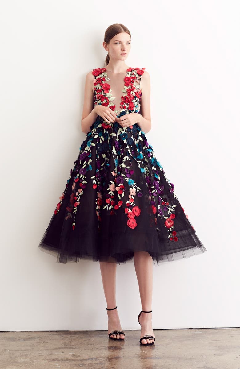 Marchesa Plunging V-Neck 3D Embellished Tulle Midi Dress, Alternate, color,