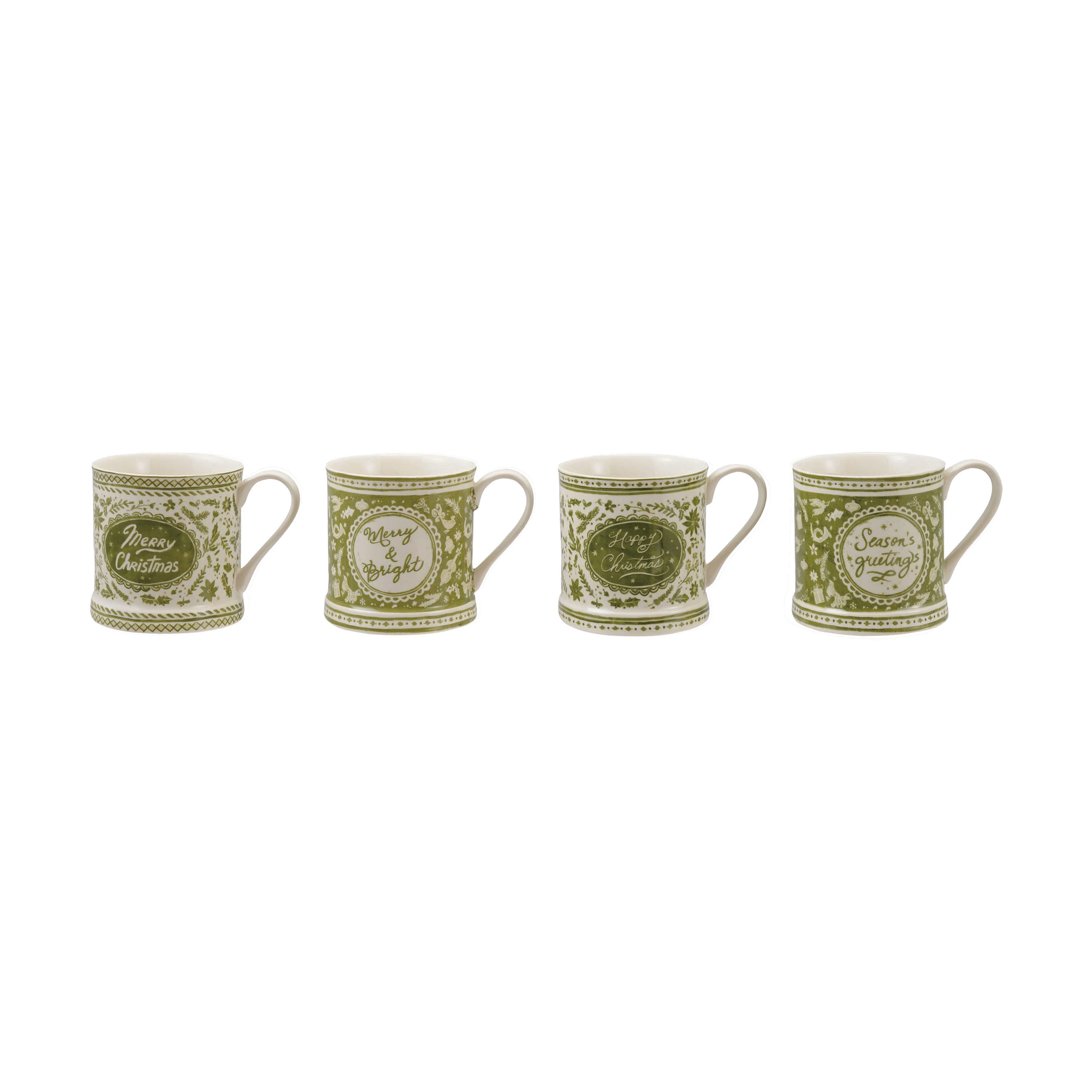 Olive Grove Artisan Stoneware Holiday Mug in Green and Cream, Set of 4 ...