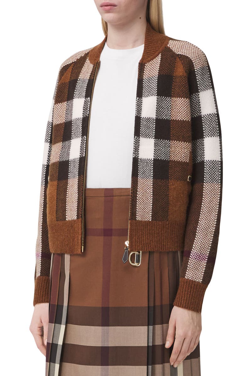 Burberry Demmi Check Jacquard Wool & Cashmere Sweater Bomber Jacket, Main, color, 