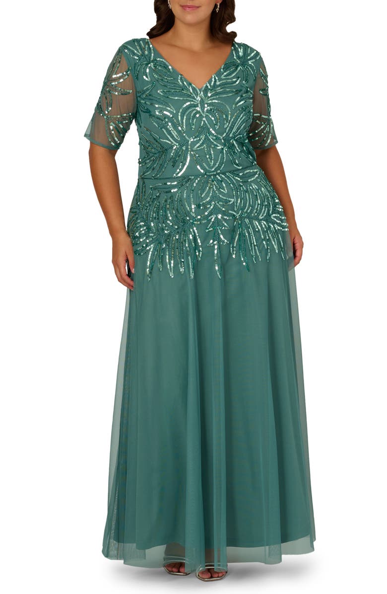Adrianna Papell Sequin Gown, Main, color, Green Slate