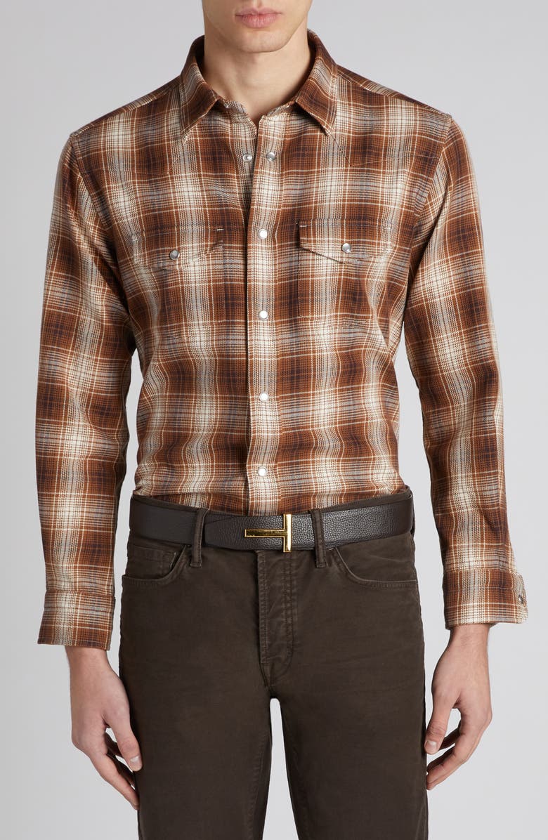 TOM FORD Grand Check Western Shirt, Main, color, Brown Combo Brown/ White