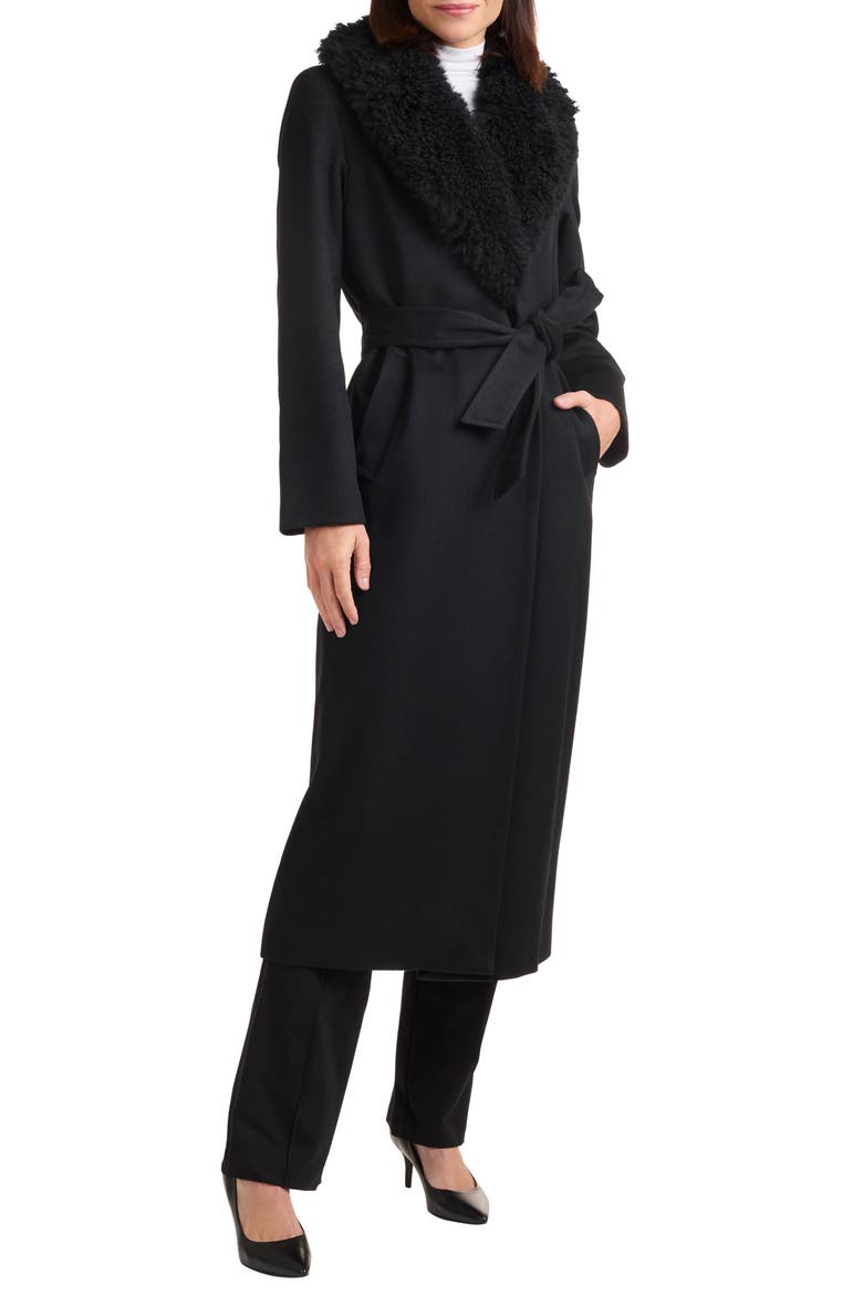Genuine Shearling Collar Tie Waist Wool & Cashmere Coat, Main, color, BLACK