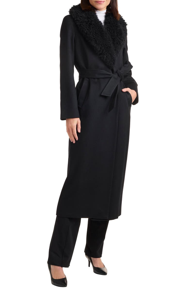 Sofia Cashmere Genuine Shearling Collar Tie Waist Wool & Cashmere Coat, Main, color, Black