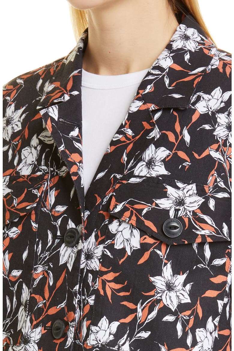 Jessie Floral Print Linen Blend Shirt Jacket, Alternate, color, BLACK