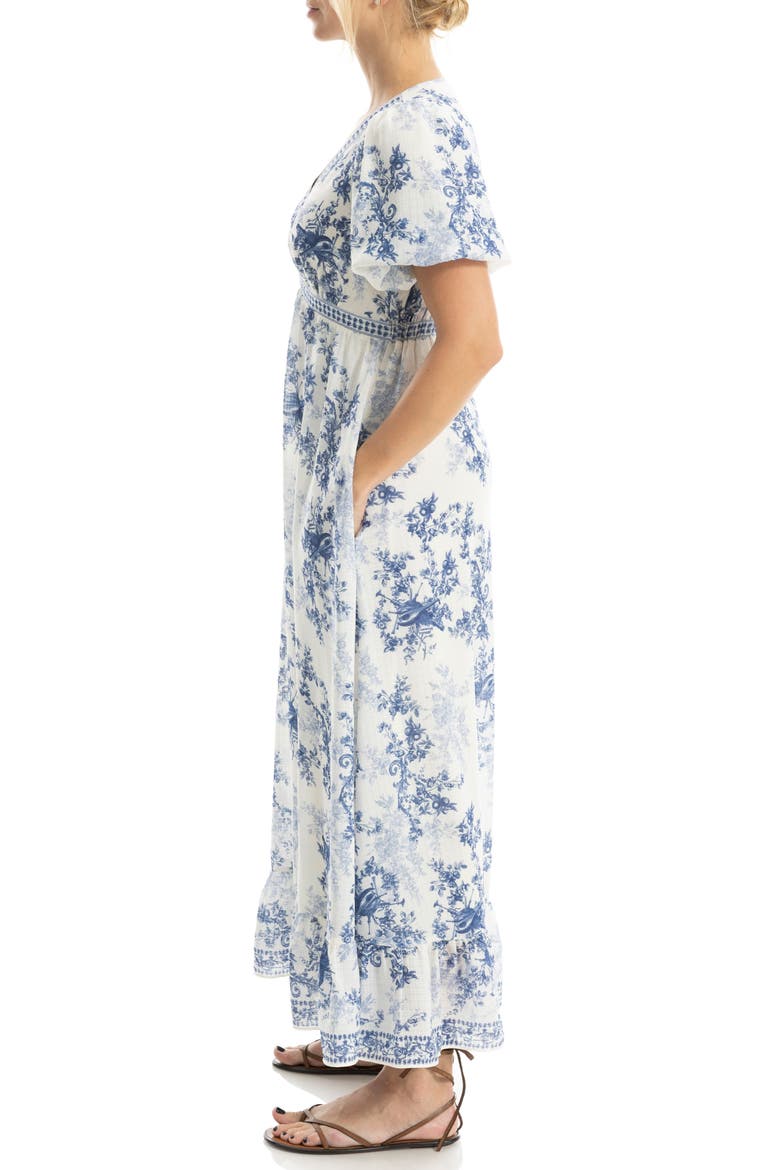 Flutter Sleeve Empire Waist Maxi Dress, Alternate, color, BLUE/ CREAM EDGY FIDDLERS