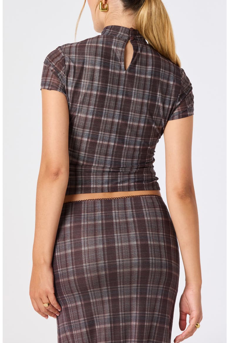 Baila Plaid Mesh Mock Neck Top, Alternate, color, BROWN BLUE PLAID