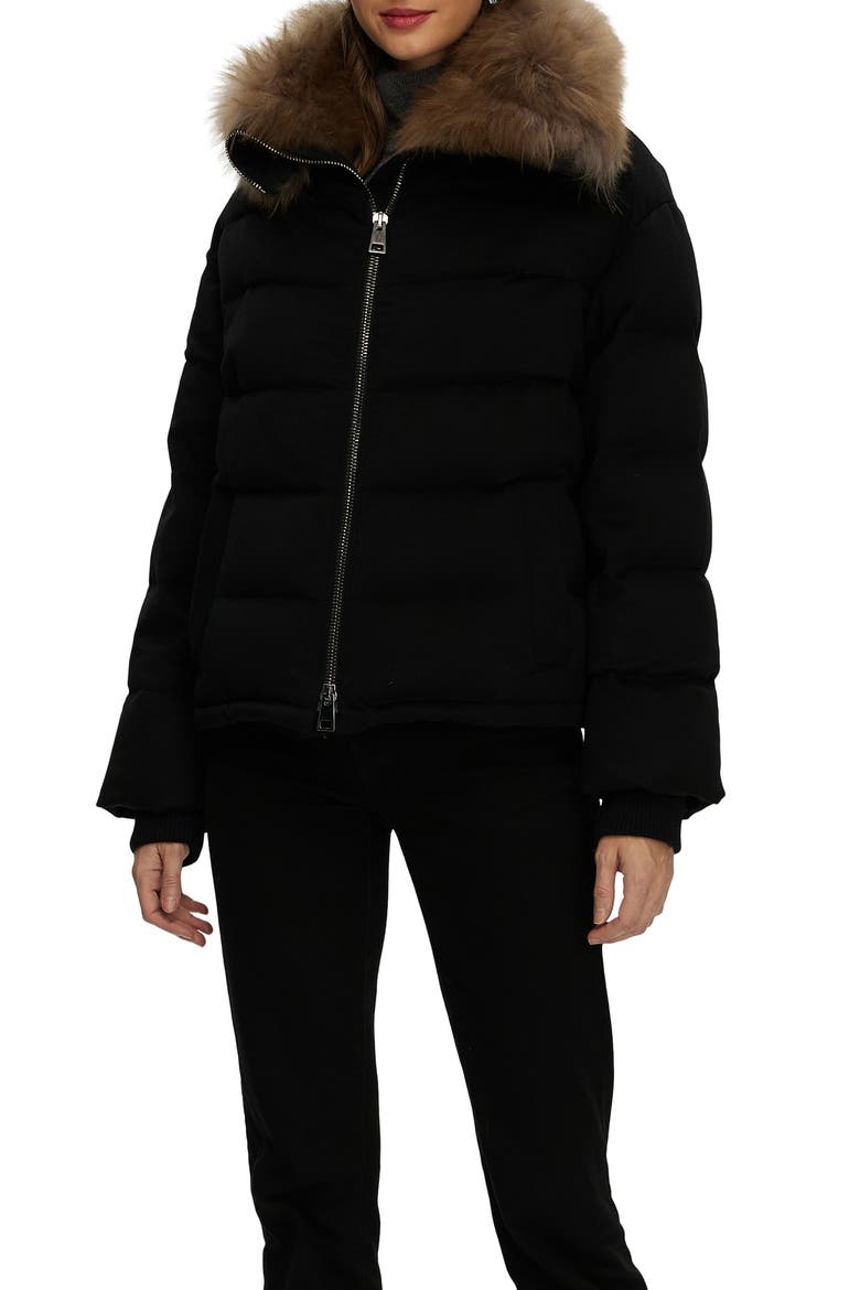 Cashmere Down Jacket with Genuine Shearling Collar, Main, color, BLACK/LIGHT BROWN