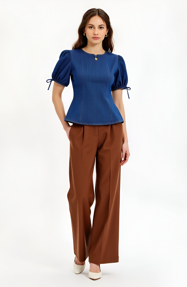 Modenaire Denim Puff Sleeve Top, Alternate, color, Blue