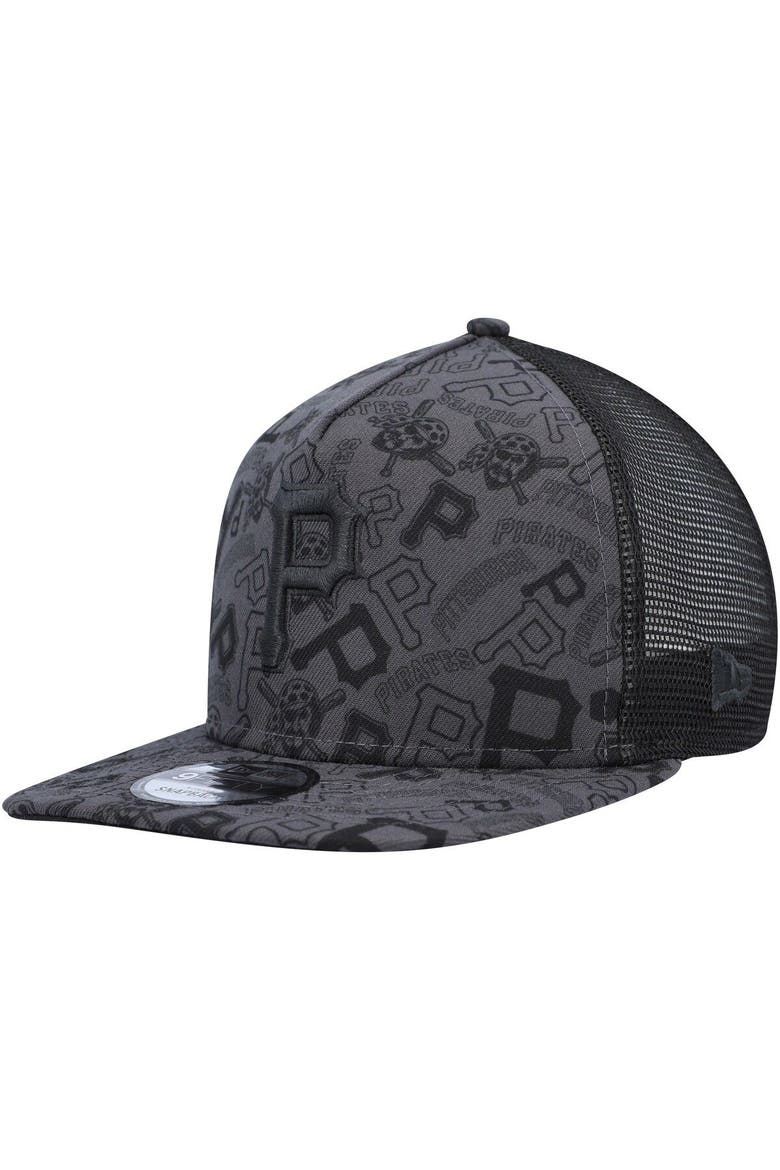 Men's New Era Black Pittsburgh Pirates Repeat A-Frame 9FIFTY Trucker Snapback Hat, Main, color, Black