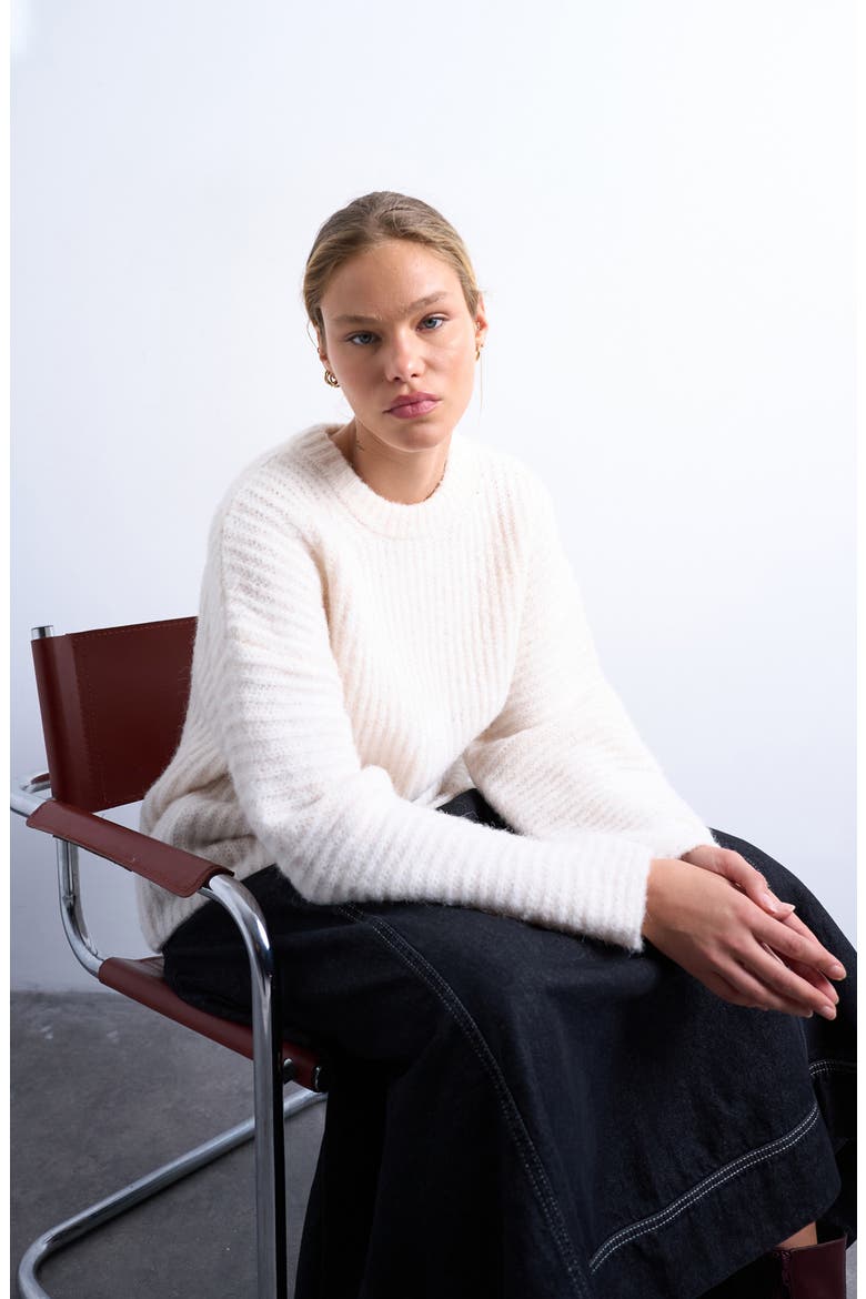 Balloon Sleeve Crewneck Rib Sweater, Alternate, color, IVORY