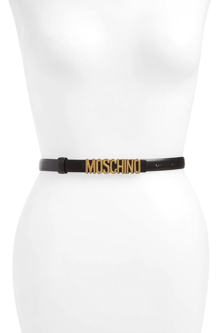 Logo Calfskin Leather Skinny Belt, Main, color, BLACK/ GOLD