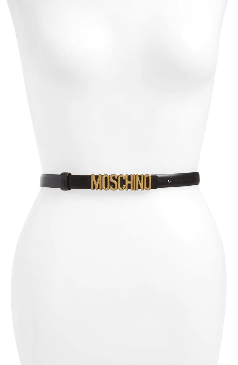 Moschino Logo Calfskin Leather Skinny Belt, Main, color, 