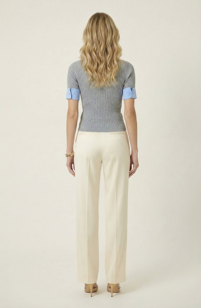 Modenaire Ribbed Knit Short Sleeve Top, Alternate, color, Heather Grey / Light Blue