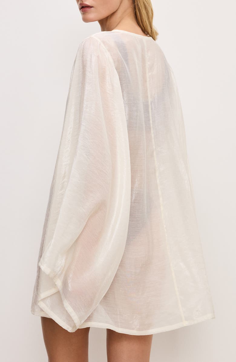 Good American Plunge Long Sleeve Sheer Cover-Up Tunic, Alternate, color, Cloud White001