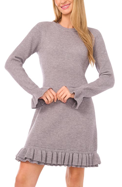 Cece Ruffle Trim Long Sleeve Sweater Minidress In Gray