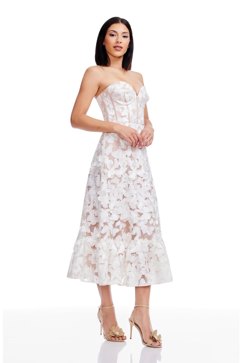 Carina Butterfly Appliqué Strapless Cocktail Midi Dress, Alternate, color, WHITE-BEIGE
