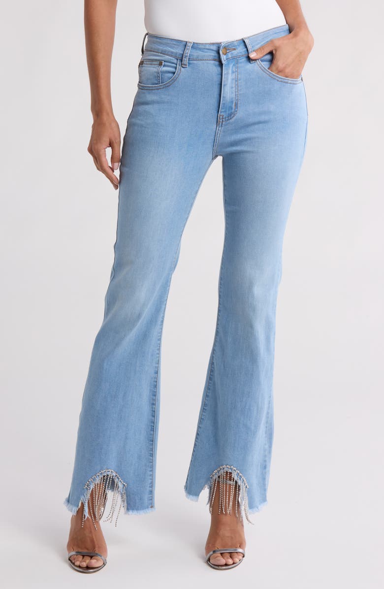 BEBE DENIM Rhinestone Fringe Straight Leg Jeans, Main, color, 