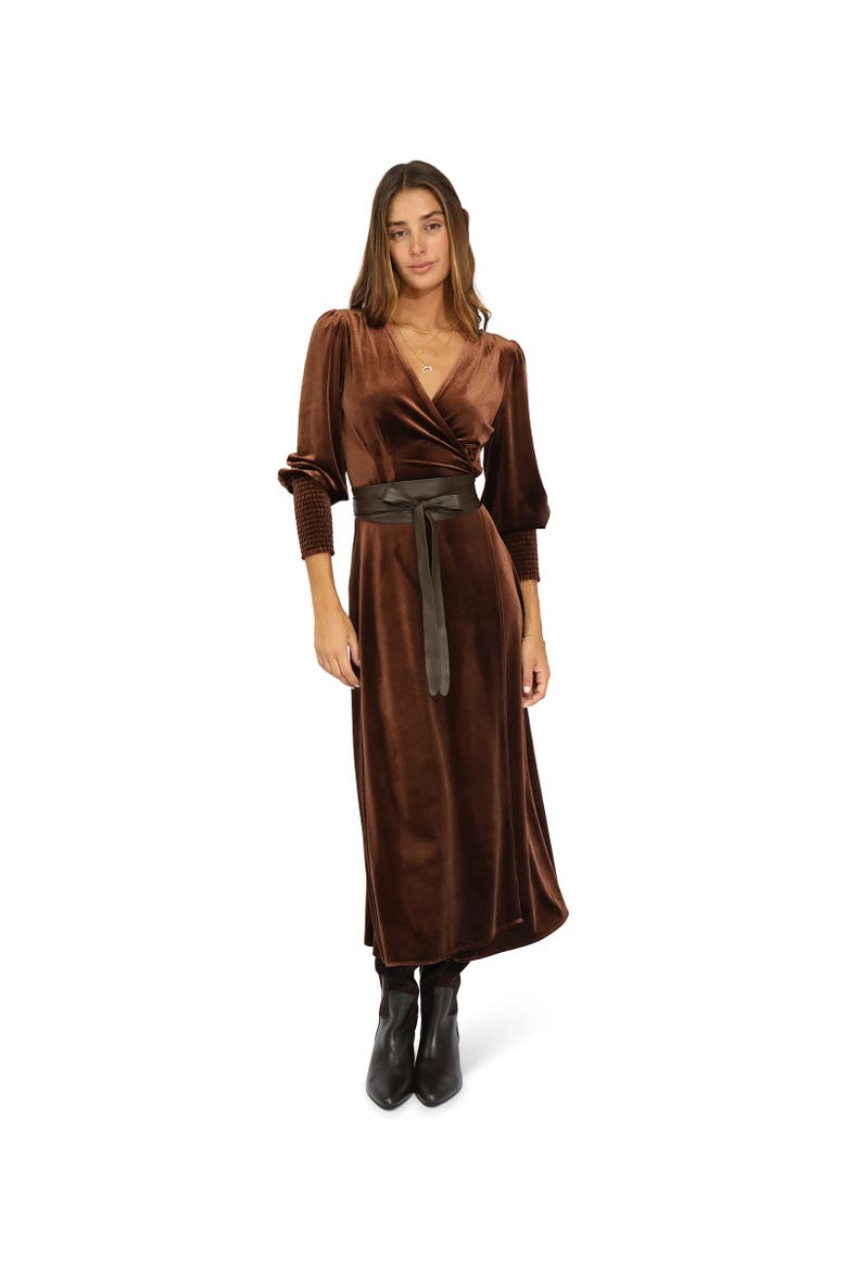 Current Mood Velvet Wrap Dress, Main, color, Dark Brown
