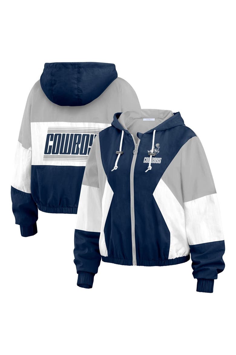 Women's WEAR by Erin Andrews Navy Dallas Cowboys Plus Size Color Block Full-Zip Windbreaker Jacket, Main, color, Navy