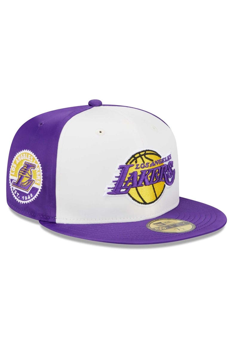 Men's New Era  White Los Angeles Lakers Throwback Satin 59FIFTY Fitted Hat, Main, color, White