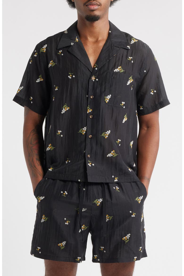 Madison Floral Cotton & Lyocell Plissé Camp Shirt, Main, color, BLACK