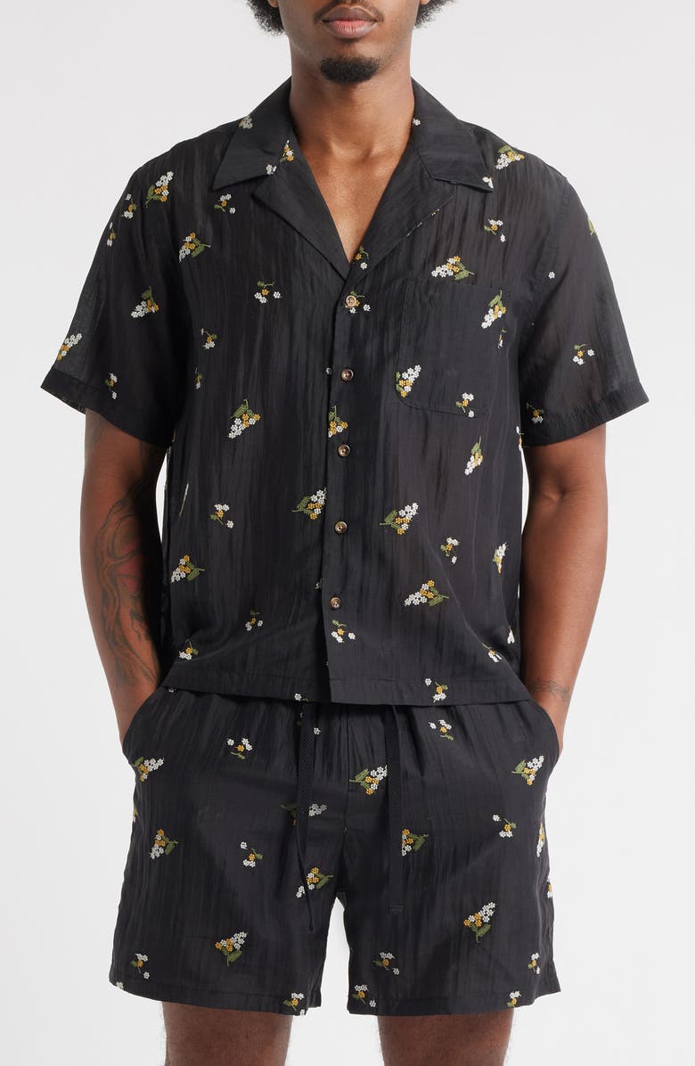 RIZORT Madison Floral Cotton & Lyocell Plissé Camp Shirt, Main, color, Black