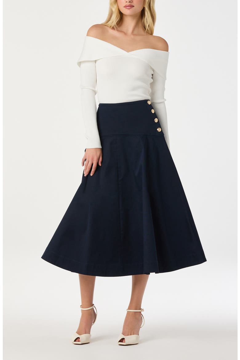 Drop Waist Stretch Cotton Midi Skirt, Alternate, color, NAVY