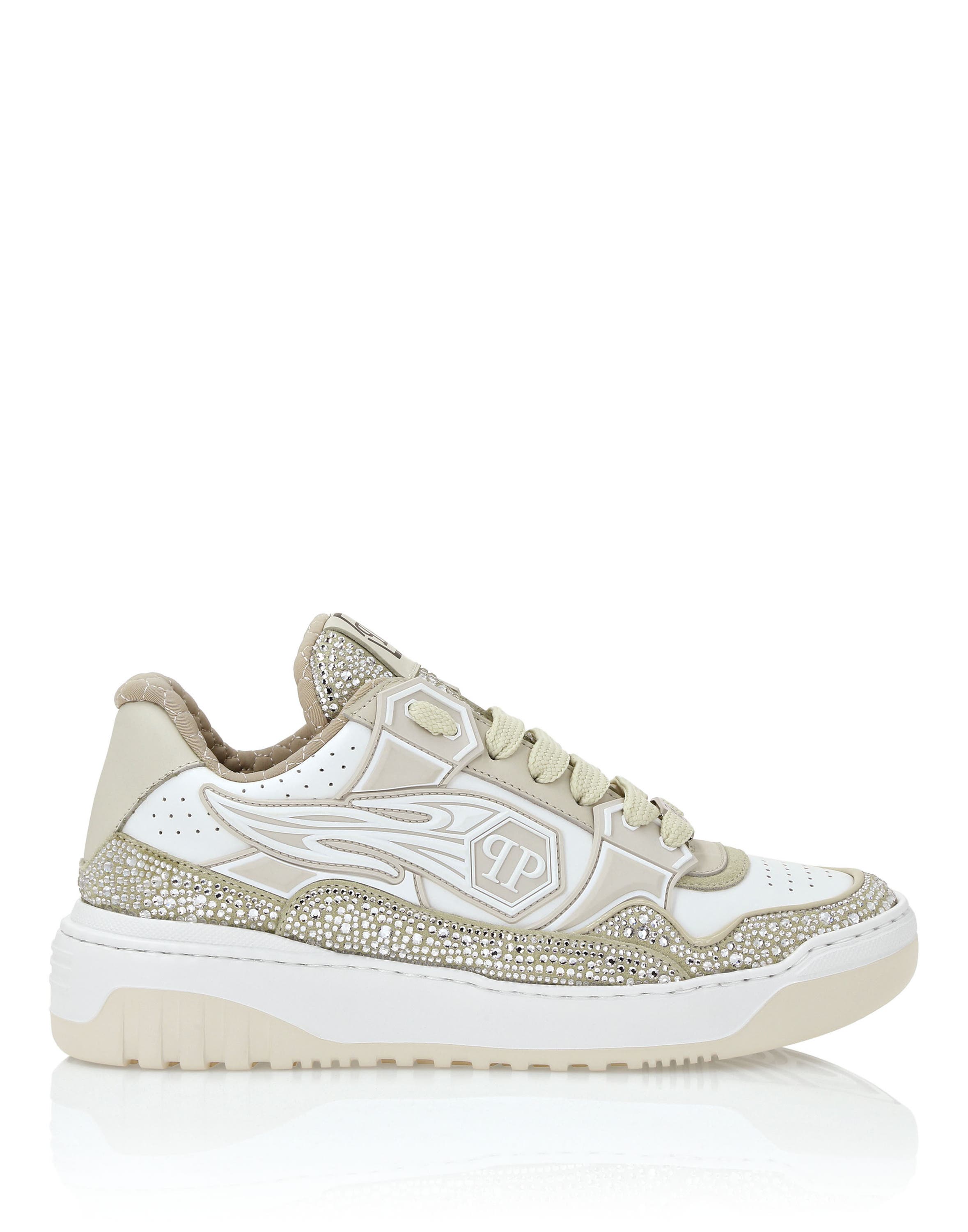 Mix Leather Lo-Top Sneakers Strass Hexagon Rhinestone Women, Alternate, color, whitebeige