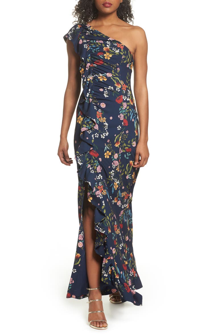 No Matter Floral One-Shoulder Gown, Main, color, NAVY FLORAL