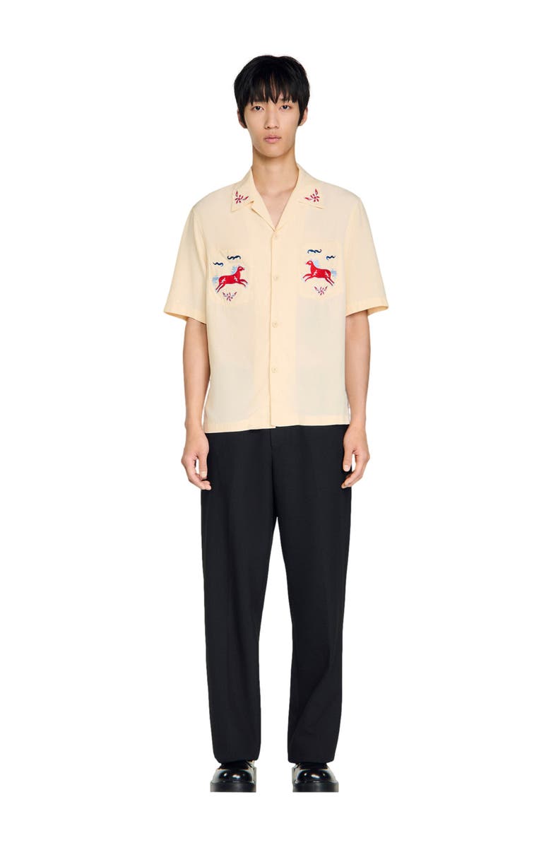 SANDRO Embroidered horse loose-fit shirt, Alternate, color, Butter Cream