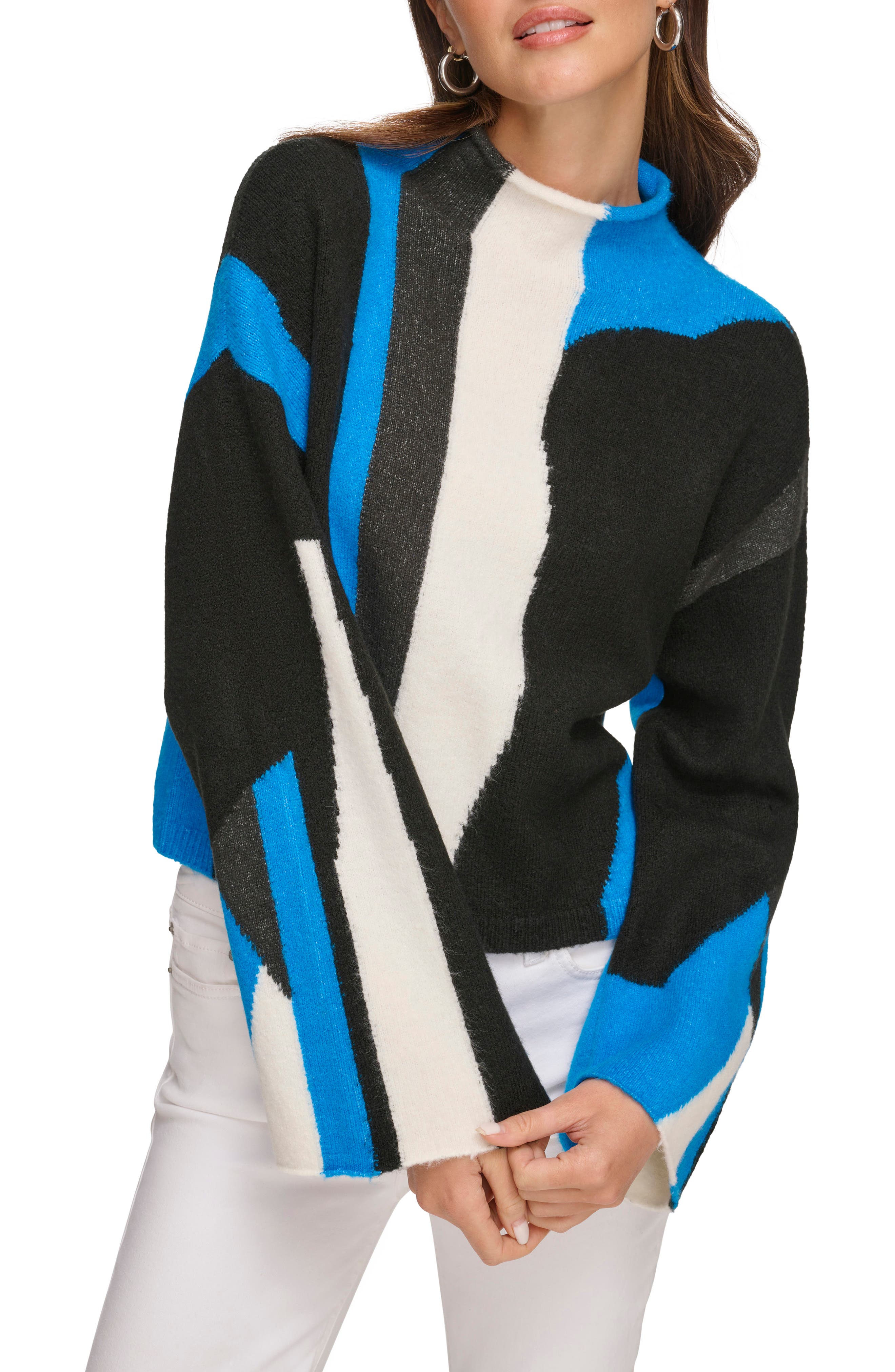 DKNY Colorblock Funnel Neck Intarsia Sweater (Women) | Nordstromrack