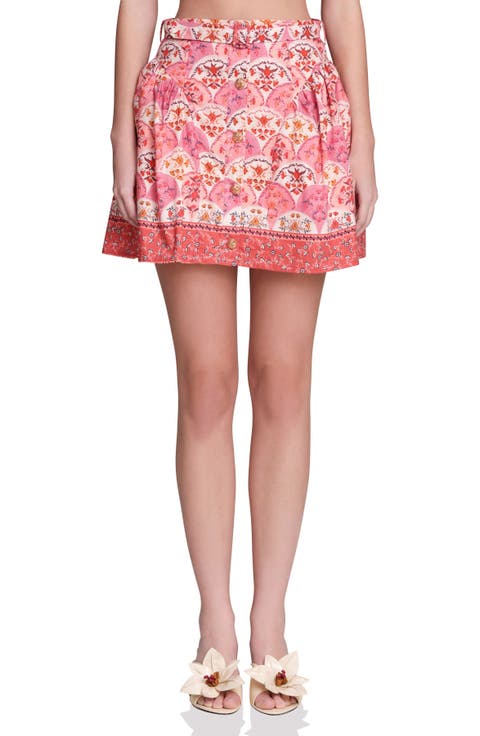 Belted Shirred Stretch Cotton & Linen Miniskirt