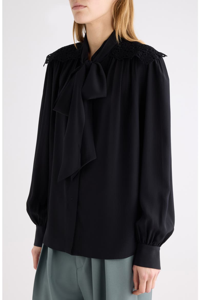 Pussybow Silk Crêpe de Chine Shirt, Alternate, color, BLACK