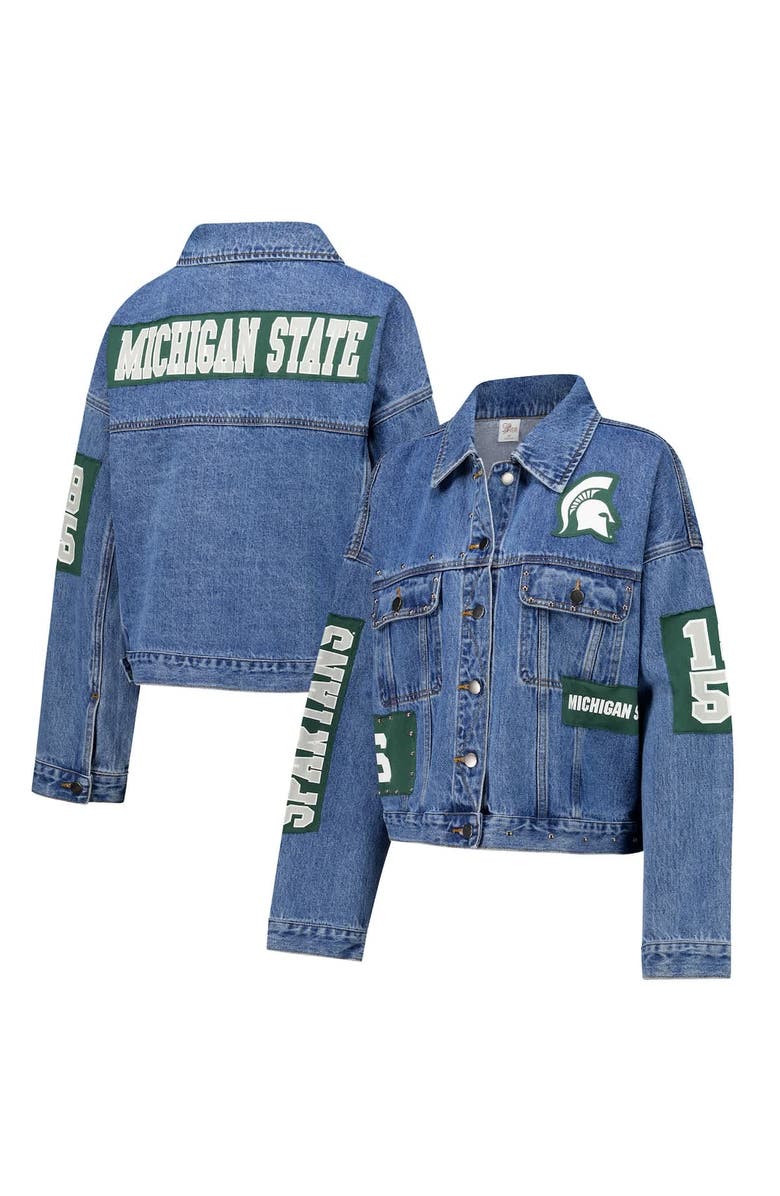 G-III 4HER BY CARL BANKS Women's G-III 4Her by Carl Banks Denim Michigan State Spartans Game Ball Patches and Studs Full-Button Jacket, Alternate, color, Denim