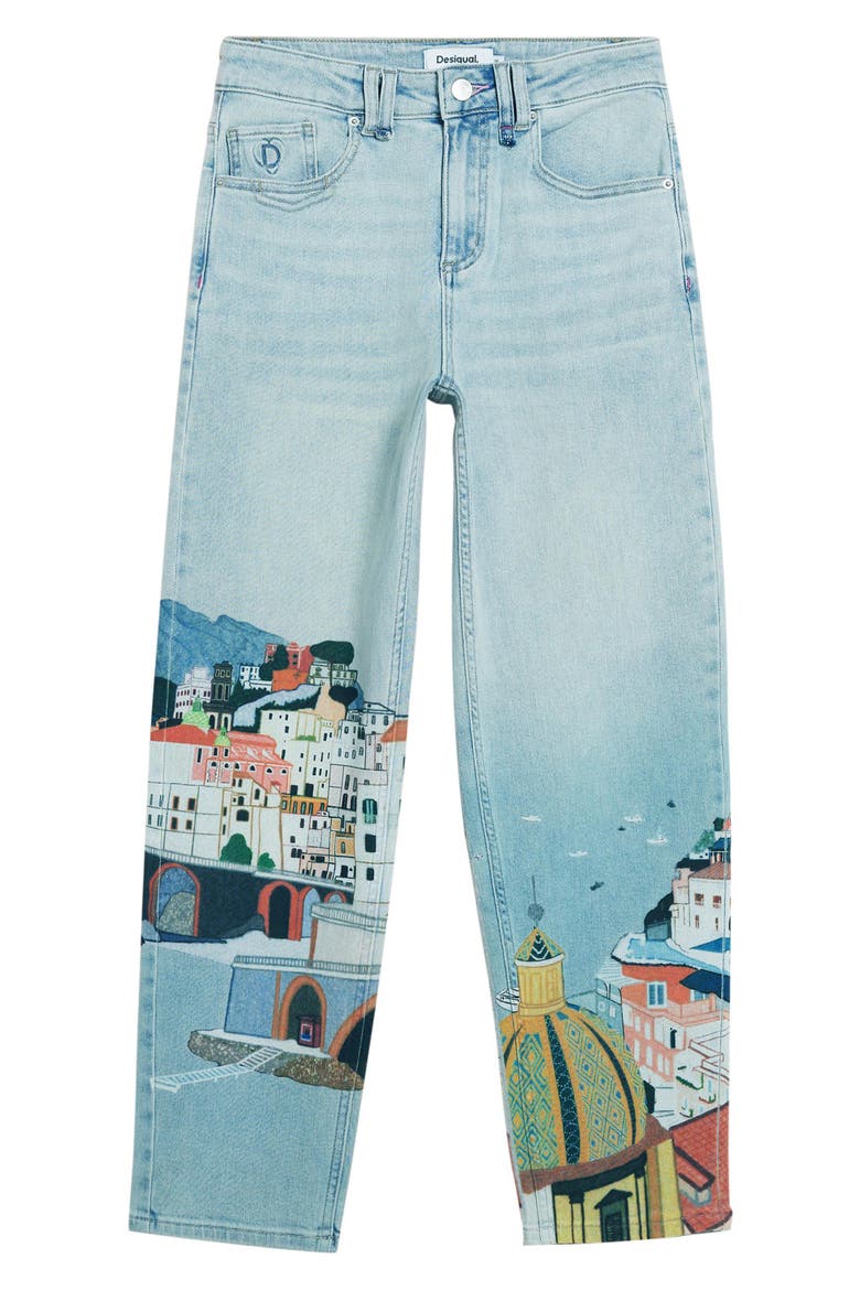 Graphic Print Ankle Taper Jeans, Alternate, color, MEDIUM BLUE